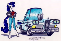 Size: 4090x2770 | Tagged: safe, artist:sketchywolf-13, imported from derpibooru, rarity, anthro, unguligrade anthro, unicorn, car, clothes, edsel, female, ford, ford edsel, horn, simple background, solo, traditional art, white background