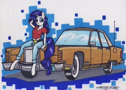 Size: 3300x2368 | Tagged: safe, artist:sketchywolf-13, imported from derpibooru, rarity, anthro, unguligrade anthro, unicorn, arm behind head, car, clothes, female, horn, jeans, lincoln (car), lincoln continental, looking at you, mare, midriff, pants, pose, shirt, solo, t-shirt, tail, traditional art
