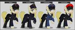 Size: 1280x512 | Tagged: safe, artist:brony-works, imported from derpibooru, oc, oc only, earth pony, pony, blonde, boots, clothes, earth pony oc, eyelashes, female, hat, helmet, mare, nazi germany, nazipone, raised hoof, reference sheet, shoes, smiling, uniform, world war ii