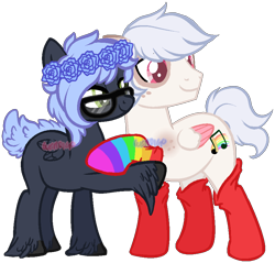 Size: 874x837 | Tagged: safe, artist:skulifuck, imported from derpibooru, oc, oc only, oc:skate beat, base used, clothes, duo, female, floral head wreath, flower, glasses, holding hooves, hoof fluff, looking back, male, mare, music notes, rainbow socks, simple background, smiling, socks, stallion, striped socks, transparent background