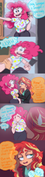 Size: 1280x5008 | Tagged: safe, artist:ask-sunpie, artist:wimsie, imported from derpibooru, pinkie pie, sunset shimmer, human, tumblr:ask sunpie, bags under eyes, clothes, comic, dialogue, female, humanized, jacket, lesbian, pants, rubber duck, shipping, shirt, sunsetpie, sweat, sweatdrop, video game