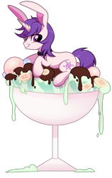 Size: 1980x3124 | Tagged: safe, artist:arshe12, imported from derpibooru, oc, oc only, oc:lapush buns, pony, unicorn, bunny ears, bunnycorn, cup, cup of pony, food, ice cream, micro, ponies in food, rabbit pony, simple background, solo, transparent background, ych result