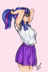 Size: 905x1351 | Tagged: safe, artist:elisdoominika, imported from derpibooru, sci-twi, twilight sparkle, human, equestria girls, armpits, clothes, cute, female, glasses, humanized, ponytail, shirt, simple background, skirt, solo, standing, twiabetes