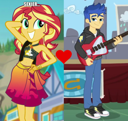 Size: 696x658 | Tagged: safe, edit, edited screencap, imported from derpibooru, screencap, flash sentry, sunset shimmer, best trends forever, equestria girls, equestria girls series, forgotten friendship, converse, female, flashimmer, male, shipping, shipping domino, shoes, straight