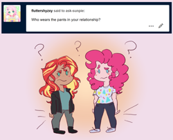 Size: 1280x1040 | Tagged: safe, artist:ask-sunpie, artist:wimsie, imported from derpibooru, pinkie pie, sunset shimmer, human, tumblr:ask sunpie, ask, blouse, clothes, dark skin, duo, female, humanized, jacket, lesbian, pants, question mark, shipping, shirt, shoes, sunsetpie, text