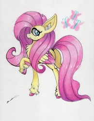 Size: 2447x3149 | Tagged: safe, artist:luxiwind, imported from derpibooru, fluttershy, pony, female, high res, raised hoof, solo, traditional art, two toned wings, wings