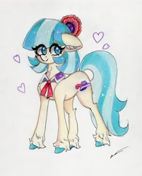 Size: 2301x2869 | Tagged: safe, artist:luxiwind, imported from derpibooru, coco pommel, earth pony, pony, cocobetes, cute, ear fluff, female, floppy ears, heart, high res, smiling, solo, traditional art, unshorn fetlocks