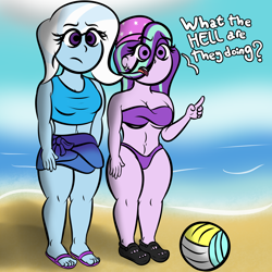 Size: 3200x3200 | Tagged: safe, artist:mrcakesboi, imported from derpibooru, starlight glimmer, trixie, equestria girls, beach, beanie, clothes, eye clipping through hair, female, hat, sports, swimsuit, text, volleyball