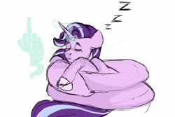 Size: 1500x1000 | Tagged: safe, artist:ametffe, artist:amethesaladhair, imported from derpibooru, pony, unicorn, coils, curled up, eyes closed, glowing horn, hand, horn, long glimmer, magic, magic hands, middle finger, onomatopoeia, sleeping, solo, sound effects, vulgar, zzz