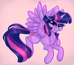 Size: 900x800 | Tagged: safe, artist:fanaticpanda, imported from derpibooru, twilight sparkle, alicorn, pony, cheek fluff, chest fluff, cute, ear fluff, female, leg fluff, looking at you, mare, pink background, simple background, solo, twiabetes, twilight sparkle (alicorn)