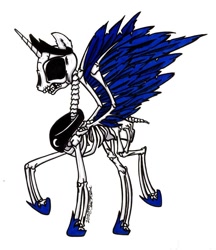 Size: 900x1041 | Tagged: safe, artist:sketchywolf-13, imported from derpibooru, princess luna, alicorn, pony, skeleton pony, bone, collar, crown, feather, female, horn, jewelry, logo, regalia, simple background, skeleton, skull, solo, traditional art, white background, wings