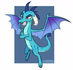 Size: 1691x1612 | Tagged: safe, artist:aanotherpony, imported from derpibooru, princess ember, dragon, blue background, claws, crossed arms, dragoness, female, flying, horns, looking at you, narrowed eyes, orange eyes, raised eyebrow, simple background, slit eyes, slit pupils, solo, spread wings