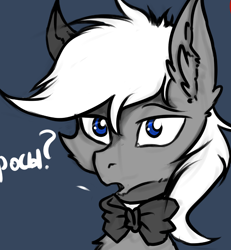 Size: 2500x2700 | Tagged: source needed, safe, artist:tatykin, imported from derpibooru, oc, oc:jonathan bleak, earth pony, pony, avatar, blue eyes, bow, bowtie, bust, confused, cyrillic, gray coat, male, portrait, stallion, white mane