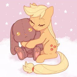 Size: 2048x2048 | Tagged: safe, artist:chapaghettii, artist:char, artist:charlattes, imported from derpibooru, applejack, earth pony, pony, rabbit, animal, cute, female, high res, jackabetes, plushie, sleeping, solo, stars, younger