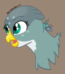 Size: 1007x1143 | Tagged: safe, artist:kairipancakes, imported from derpibooru, gabby, griffon, brown background, bust, female, open mouth, portrait, simple background, solo