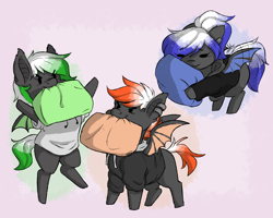 Size: 2500x2000 | Tagged: safe, artist:dreamy, artist:lionbun, artist:littledreamycat, imported from derpibooru, oc, oc:flame, oc:frost, oc:toxic, bat pony, pony, bat pony oc, bat wings, chibi, commission, doodle, mouth hold, pillow, pillow fight, siblings, wings