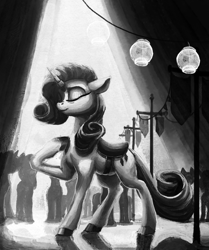 Size: 1380x1653 | Tagged: safe, artist:nemo2d, imported from derpibooru, rarity, pony, unicorn, fanfic:salvation, crowd, eyes closed, fanfic art, female, grayscale, mare, monochrome, raised hoof, saddle, silhouette, solo focus, tack