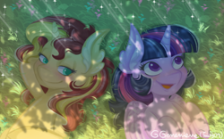 Size: 576x360 | Tagged: safe, artist:twily09, imported from derpibooru, sunset shimmer, twilight sparkle, alicorn, unicorn, cute, duo, duo female, female, grass, green, lesbian, shipping, sun, sunset, sunsetsparkle, tree, twilight sparkle (alicorn), twily, under the tree