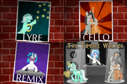 Size: 2402x1602 | Tagged: safe, artist:deusexequus, imported from derpibooru, dj pon-3, lyra heartstrings, octavia melody, vinyl scratch, earth pony, pony, unicorn, bow (instrument), cello, glowing horn, horn, lyre, magic, musical instrument, telekinesis, turntable