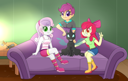 Size: 3939x2512 | Tagged: safe, imported from derpibooru, apple bloom, scootaloo, sweetie belle, oc, oc:beebee, changeling, fanfic:the bug in the basement, equestria girls, spoiler:fanfic, couch, cutie mark crusaders, fanfic art, looking at you, sitting, smiling