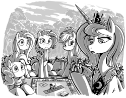 Size: 1380x1074 | Tagged: safe, artist:jowyb, artist:jowybean, imported from derpibooru, applejack, fluttershy, pinkie pie, princess luna, rarity, alicorn, earth pony, pegasus, pony, unicorn, fanfic:the immortal game, commission, fanfic art, female, figurine, forest, gaming miniature, grayscale, mare, miniature, monochrome, monopoly, s1 luna, sitting