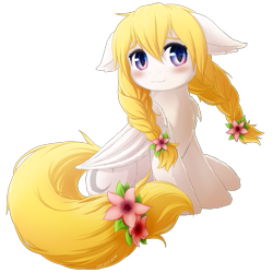 Size: 535x535 | Tagged: safe, artist:symbianl, imported from derpibooru, oc, oc only, oc:lai chi, bat pony, pony, braid, floppy ears, flower, flower in hair, simple background, sitting, solo, transparent background, twin braids