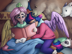 Size: 4000x3000 | Tagged: safe, artist:incendiaryboobs, artist:incendiarymoth, imported from derpibooru, angel bunny, fluttershy, harry, twilight sparkle, bear, bird, ferret, human, blanket, book, female, humanized, lesbian, shipping, twishy, winged humanization, wings