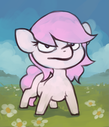 Size: 685x798 | Tagged: safe, artist:marsminer, imported from derpibooru, oc, oc only, oc:kayla, earth pony, pony, female, flower, mare, sky, solo, squatpony, standing