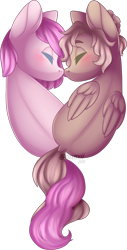 Size: 894x1761 | Tagged: safe, artist:mxnxii, imported from derpibooru, oc, oc only, oc:kayla, oc:mary jane, earth pony, pegasus, pony, blushing, cute, duo, female, heart, kayry, kiss, kissing, lesbian, mare, nose kiss, oc x oc, shipping, simple background, transparent background