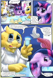 Size: 1080x1584 | Tagged: safe, artist:firefanatic, imported from derpibooru, discord, twilight sparkle, alicorn, pony, comic:friendship management, alphys, asgore dreemurr, bags under eyes, comic, crossover, device, dialogue, food, glasses, magic, pouting, smiling, tea, tea kettle, twilight sparkle (alicorn), undertale, what is hoo-man