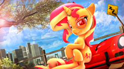 Size: 3840x2160 | Tagged: safe, artist:whiteskyline, imported from derpibooru, sunset shimmer, pony, unicorn, 3d, blue sky, bush, car, city, glasses, looking at you, porsche, porsche 356, sign, source filmmaker, train, wallpaper