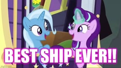 Size: 640x360 | Tagged: safe, edit, edited screencap, imported from derpibooru, screencap, starlight glimmer, trixie, road to friendship, caption, excessive exclamation marks, female, image macro, lesbian, shipping, startrix, text