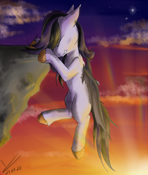 Size: 1070x1259 | Tagged: safe, artist:yuris, imported from derpibooru, oc, oc only, oc:nero, oc:soft, bat pony, pegasus, pony, bat pony oc, bat wings, cliff, solo, sunset, wings