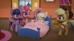 Size: 1920x1080 | Tagged: safe, imported from derpibooru, screencap, applejack, fluttershy, pinkie pie, twilight sparkle, alicorn, earth pony, pegasus, pony, my little pony: pony life, my little pony: stop motion short, rainy day puddle play, backwards thermometer, bed, g4.5, sick, stop motion, thermometer, twilight sparkle (alicorn)