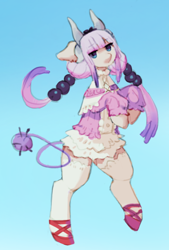 Size: 534x792 | Tagged: safe, artist:orchidpony, imported from derpibooru, pony, bipedal, blue background, clothes, crossover, dress, ear fluff, female, horns, kanna kamui, miss kobayashi's dragon maid, pigtails, ponified, simple background, solo, stockings, thigh highs, twintails