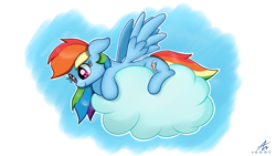 Size: 1920x1080 | Tagged: safe, artist:truffle shine, imported from derpibooru, rainbow dash, pegasus, pony, cloud, cute, dashabetes, female, looking down, mare, on a cloud, prone, sky, smiling, solo, spread wings, wings