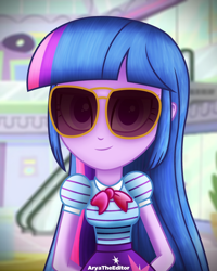 Size: 2000x2500 | Tagged: safe, artist:aryatheeditor, imported from derpibooru, twilight sparkle, alicorn, equestria girls, equestria girls series, spoiler:eqg series (season 2), aviator glasses, aviator sunglasses, bow, bowtie, cool, cutie mark, digital art, fanart, female, looking at you, photo, solo, straight hair, sunglasses, twilight sparkle (alicorn)