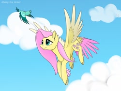 Size: 1280x960 | Tagged: safe, artist:glassygreatart, imported from derpibooru, fluttershy, bird, pegasus, pony, chest fluff, cloud, colored hooves, female, flying, looking up, mare, outdoors, sky, smiling, solo, spread wings, tail feathers, three quarter view, two toned wings, unshorn fetlocks, wings