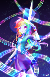 Size: 3653x5589 | Tagged: safe, artist:bronyazaych, imported from derpibooru, rainbow dash, equestria girls, friendship games, absurd resolution, anime, chs rally song, female, looking at you, music notes, rally, solo