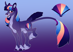 Size: 4616x3300 | Tagged: safe, artist:turnipberry, imported from derpibooru, oc, oc only, oc:rainbow pages, pony, unicorn, commission, cutie mark, female, gradient background, leonine tail, magical lesbian spawn, mare, next generation, offspring, parent:rainbow dash, parent:twilight sparkle, parents:twidash, purple background, raised hoof, simple background, socks (coat marking), socks (coat markings), solo, tail feathers, unshorn fetlocks