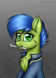 Size: 1144x1584 | Tagged: safe, artist:darklight1315, imported from derpibooru, oc, oc only, oc:scotch tape, earth pony, pony, fallout equestria, fallout equestria: project horizons, chest fluff, clothes, cute, fanfic art, jumpsuit, mouth hold, solo, vault suit, wrench