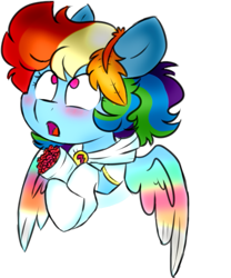 Size: 527x634 | Tagged: safe, artist:honneymoonmlp, derpibooru exclusive, imported from derpibooru, rainbow dash, pegasus, pony, blushing, bouquet, clothes, colored wings, cute, dashabetes, flower, gloves, leaf, multicolored wings, rainbow dash always dresses in style, simple background, white background, wings