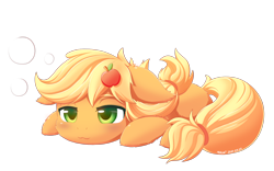 Size: 1600x1000 | Tagged: safe, artist:mochi2-arts, artist:symbianl, imported from derpibooru, applejack, earth pony, pony, cheek fluff, cute, cutie mark accessory, ear fluff, female, filly, filly applejack, floppy ears, hatless, jackabetes, leg fluff, lidded eyes, missing accessory, prone, simple background, sleepy, solo, transparent background, younger