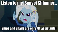 Size: 1280x714 | Tagged: safe, edit, edited screencap, imported from derpibooru, screencap, trixie, equestria girls, rainbow rocks, caption, image macro, implied snails, implied snips, implied sunset shimmer, meme, text, trixie yells at everything