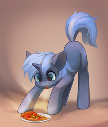 Size: 2000x2359 | Tagged: safe, artist:koviry, imported from derpibooru, oc, oc only, oc:double colon, oc:paamayim nekudotayim, pony, unicorn, eyes on the prize, face down ass up, food, pizza, plate, simple background, solo, tongue out