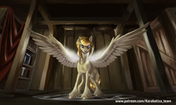 Size: 2008x1200 | Tagged: safe, artist:kirillk, imported from derpibooru, oc, oc only, oc:candice, pegasus, pony, fanfic:twilight's nightmare, crate, fanfic art, female, glowing, glowing wings, hooves, illustration, indoors, magic, magic circle, mare, solo, spread wings, storage, tail, tail feathers, unshorn fetlocks, wings