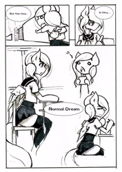 Size: 2480x3508 | Tagged: safe, artist:mashiromiku, imported from derpibooru, fluttershy, anthro, comic:exhibitionism comic, arm hooves, clothes, comic, desk, engrish, marker drawing, school uniform, schoolgirl, singing, socks, stockings, thigh highs, traditional art