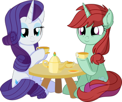 Size: 7761x6534 | Tagged: safe, artist:cyanlightning, imported from derpibooru, rarity, oc, oc:wanderlust, pony, unicorn, .svg available, absurd resolution, commission, cup, duo, food, lidded eyes, simple background, sitting, table, tea, teacup, teapot, transparent background, vector