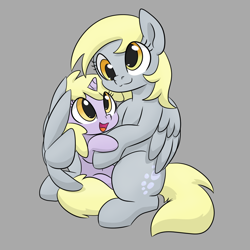 Size: 1050x1050 | Tagged: safe, artist:dendollae, imported from derpibooru, derpy hooves, dinky hooves, pegasus, pony, unicorn, :3, cute, derp, derpabetes, dinkabetes, duo, equestria's best daughter, equestria's best mother, female, filly, gray background, headcanon, hug, mare, mother and child, mother and daughter, simple background, sitting, smiling, snuggling, wing hands, winghug