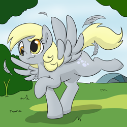 Size: 1050x1050 | Tagged: safe, artist:dendollae, imported from derpibooru, derpy hooves, pegasus, pony, :3, cute, derp, derpabetes, feather, female, grass, landing, mare, solo, tree